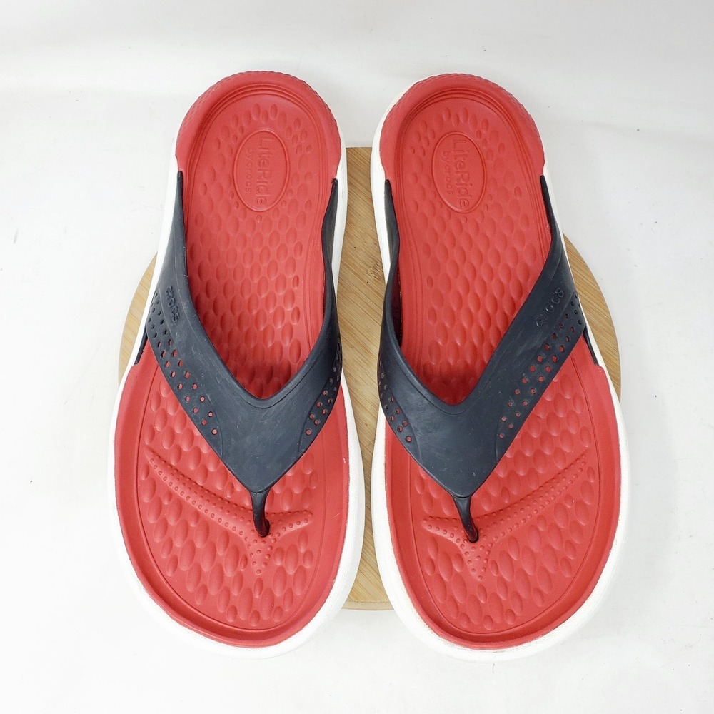 Crocs LiteRide Flip Flop Mens 10 Black Red Lightweight Sandals Shoes - Picture 4 of 13